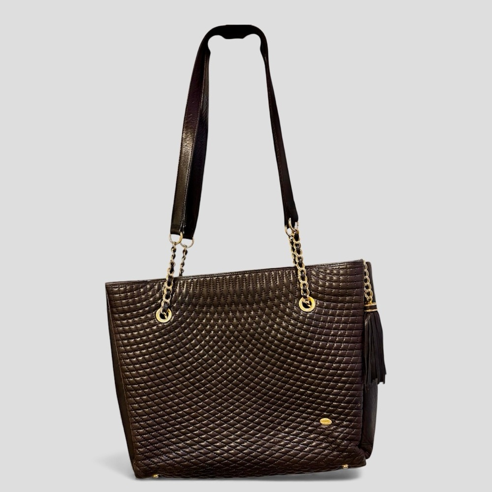 Vintage BALLY Espresso Brown Quilted Lambskin Leather Shoulderbag Tote Bag